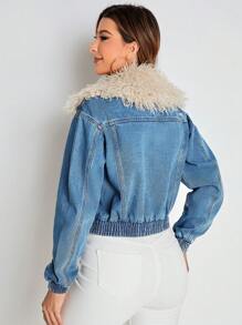 SHEIN Privé Fuzzy Collar Flap Pocket Denim Jacket - Dark Wash - View 2