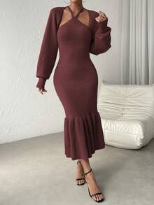 Chiquease Mermaid Style Hem Halter Neck Sweater Dress And Cardigan - Burgundy - View 3
