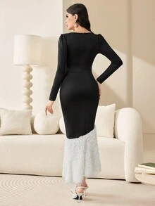 Modelyn Pearls Beaded Keyhole Neckline Fuzzy Hem Bodycon Dress - Black and White - View 2