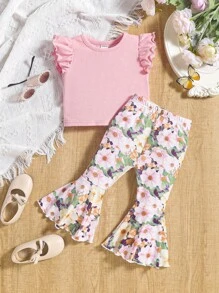SHEIN 2 件套女婴休闲盖袖 T 恤和花卉喇叭裤 - 粉色 - 查看 1