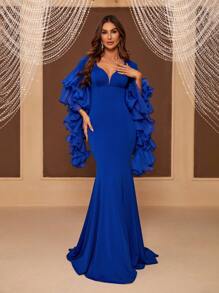 SHEIN Belle Women's Exaggerated Tiered Ruffle Sleeves Slim Fit Fishtail Evening Dress - Blue - View 8