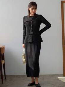 FRIFUL Solid Color Hollow Out Sweater, Knitted Top And Pleated Skirt Outfit Fall - Grey - View 7