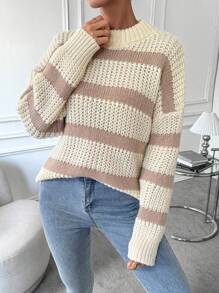Chiquease 条纹图案落肩针织套头衫秋冬毛衣 - 彩色 - 查看 4