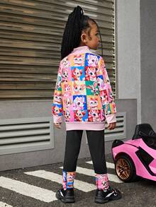 SHEIN Young Girl Cartoon Graphic Drop Shoulder Pullover & Leggings - Multicolor - View 2