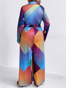 SHEIN Clasi Plus Striped Print Belted Wide Leg Jumpsuit - Multicolor - View 2
