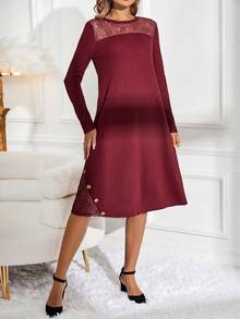 EMERY ROSE Của phụ nữ Vá lại Ren Dệt kim Đầm - Màu Đỏ Sâu - Xem 6