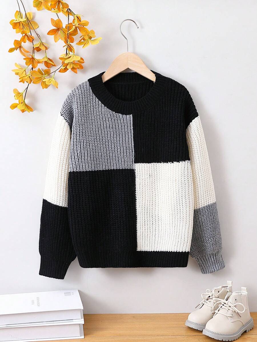 SHEIN Boys' Contrasting Drop Shoulder Sweater - Black and White - View 1