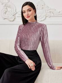 Modelyn 女士絲絨立領t恤 - 粉色 - 查看 3