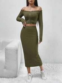 SHEIN EZwear Top Sin Hombros Con Cierre Frontal Y Conjunto De Falda - Verde militar - Ver 4