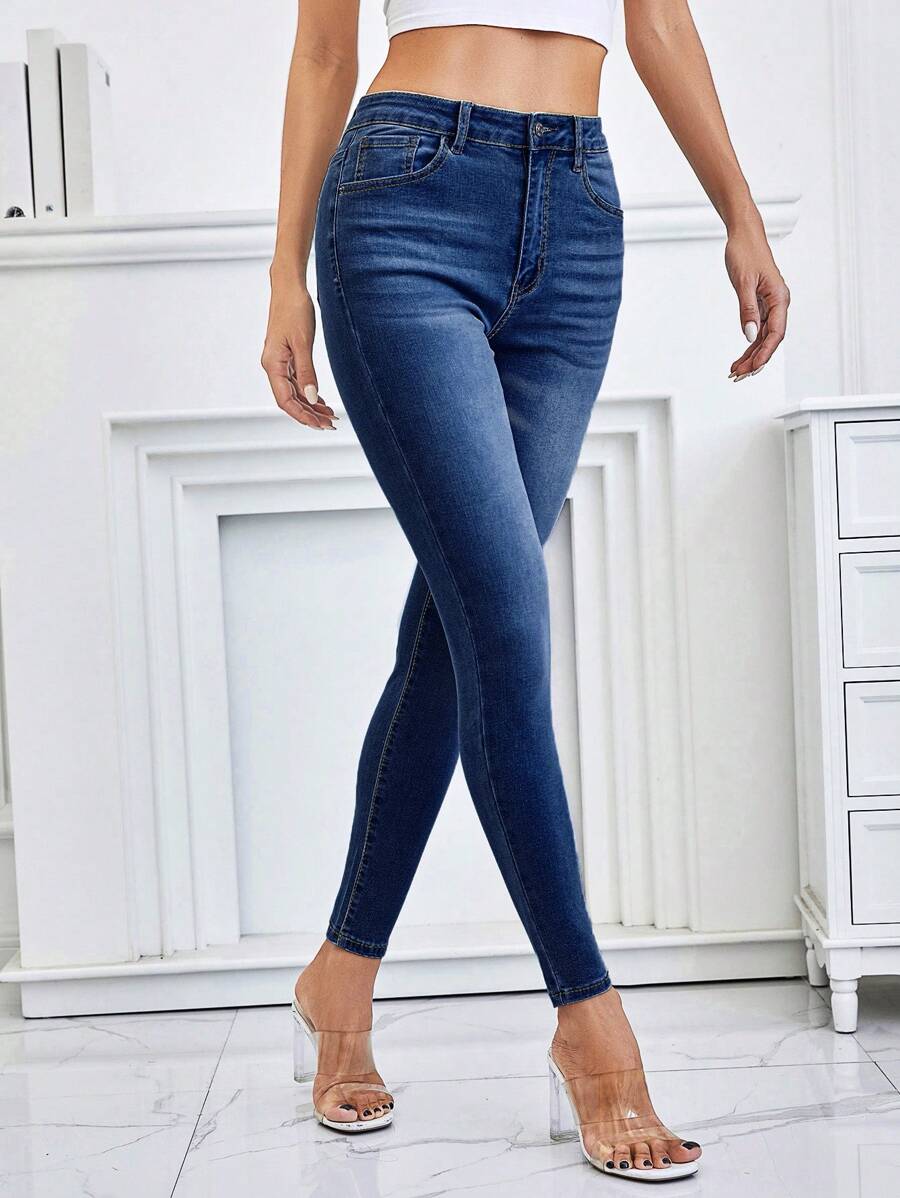 SHEIN Frenchy 拉鏈門襟,合身牛仔長款長褲 - 深色水洗藍 - 查看 1