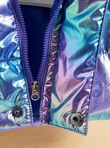 Young Boy Holographic Fuzzy Trim Hooded Padded Coat Without Sweater