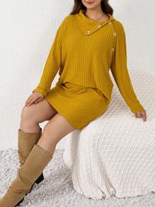 SHEIN LUNE 大码女式不对称罗纹领 T 恤和裙子两件套 - 黃色 - 查看 3