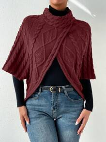 SHEIN Frenchy 1 件高領蝙蝠翼袖裹身絞花針織斗篷 - 紅色 - 查看 3