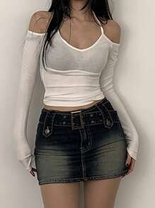 DAZY Off-Shoulder Plain T-Shirt Long Sleeve Women Tops,Fall Women Clothes Crop Women Tops - White - View 3