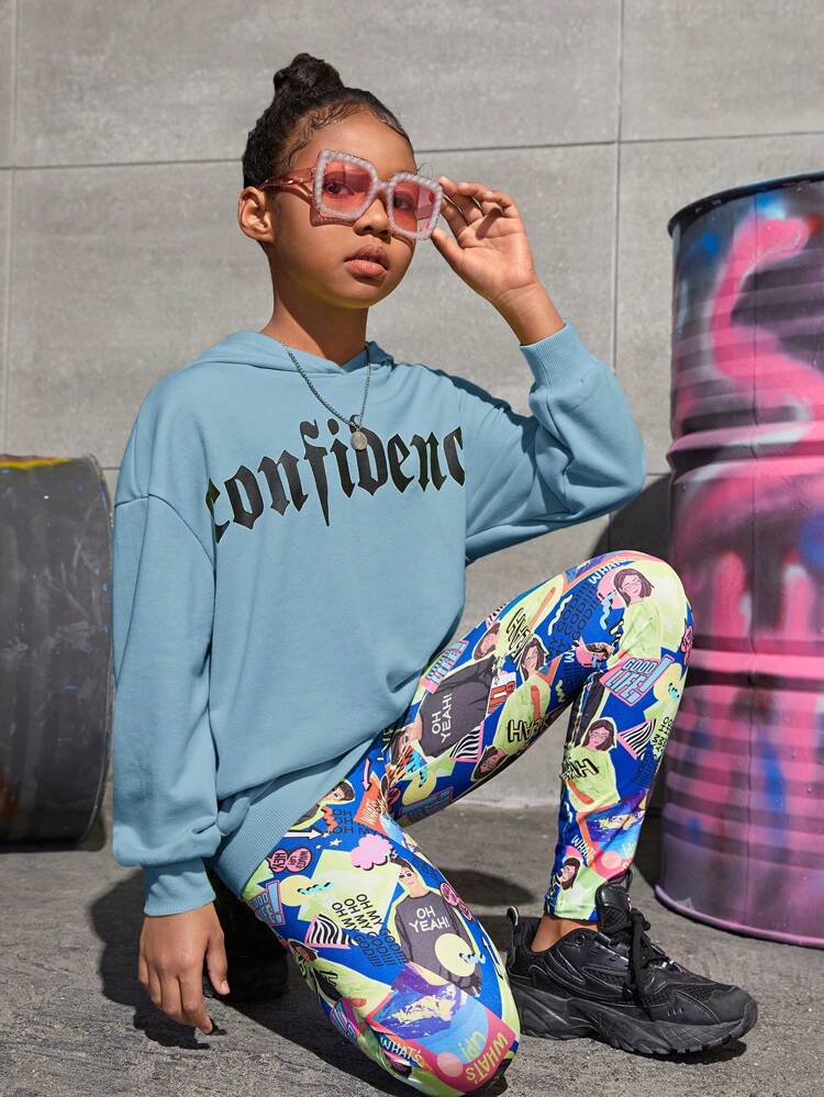 Tween Girl Letter Graphic Drop Shoulder Hoodie & Allover Print Leggings