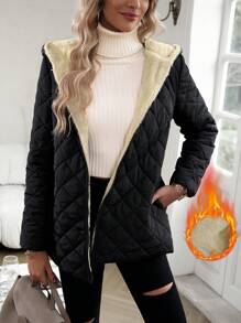 SHEIN Essnce Zip Up Hooded Teddy Lined Quilted Padded Coat Clothes Winter - Black - View 6
