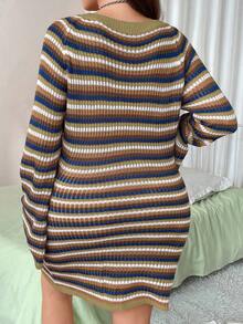 Flirla 大碼條紋圖案船領喇叭袖毛衣洋裝 - 杏色 - 查看 2