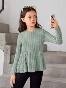SHEIN 女童修身休閒圓領長袖娃娃款t恤 - 薄荷綠 - 查看 4