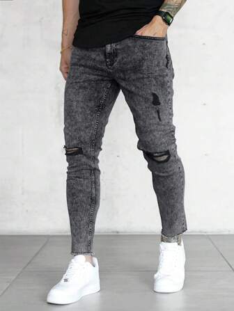 男士破洞抽鬚緊身牛仔褲