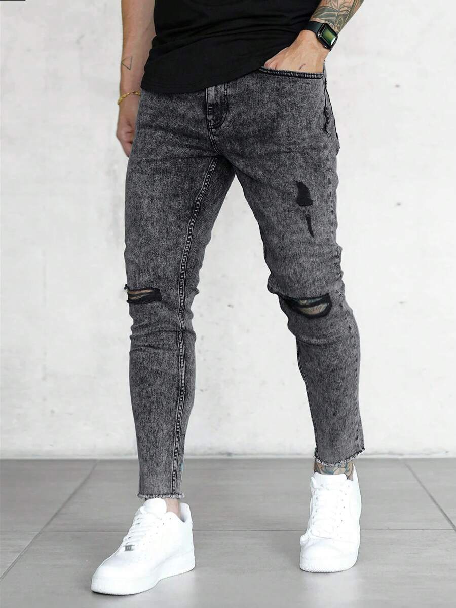 男士破洞抽鬚緊身牛仔褲