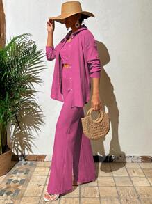 Women's Solid Color Casual 3-Piece Suit - Hot Pink - View 3