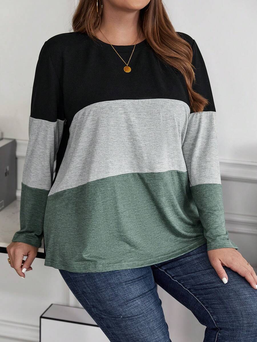 SHEIN LUNE Plus Size Women's Colorblock T-shirt - Multicolor - View 1