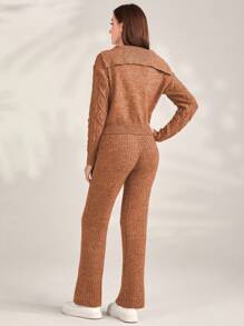 Seusyu Cable Knit Hooded Sweater & Knit Pants - Yellow - View 2