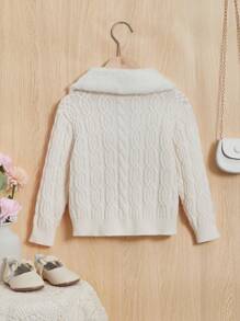 Nhỏ bé Cô gái Vòng cổ Tay áo dài Áo len Mở Áo len Với Cổ áo tây , Mùa Đông - Màu be - Xem 2