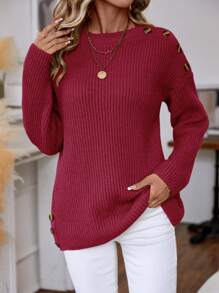 EMERY ROSE Chi tiết Nút Thả vai Áo len - Màu Đỏ Sâu - Xem 1
