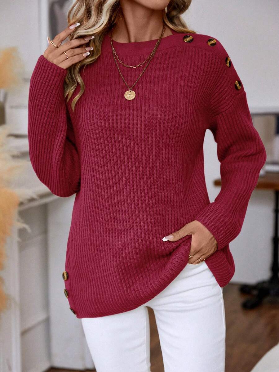 EMERY ROSE Chi tiết Nút Thả vai Áo len - Màu Đỏ Sâu - Xem 1