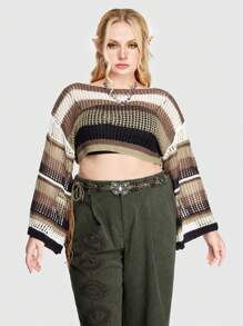 ROMWE Fairycore Plus Size Drop Shoulder With Distressed Holes Sweater, School - Multicolor - View 2