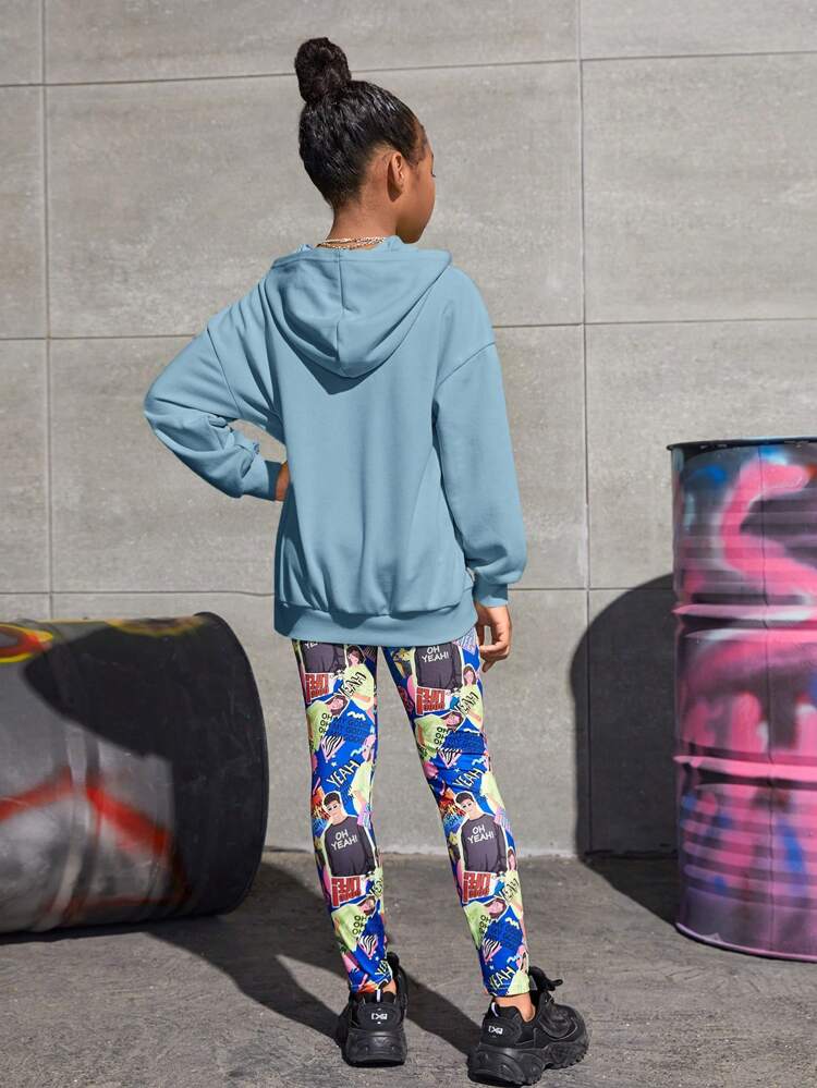 Tween Girl Letter Graphic Drop Shoulder Hoodie & Allover Print Leggings