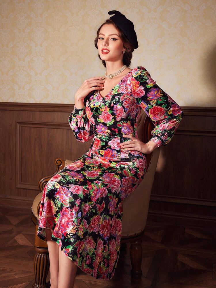 Floral Print Lantern Sleeve Mermaid Hem Dress