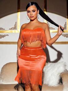 SHEIN SXY Fringe Trim Satin Tube Top & Bodycon Skirt - Orange - View 6