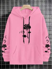 Manfinity Homme Men Floral Print Pocket Thermal Drawstring Hoodie, Going Out, Casual, Graphic, Boyfriend Gift, Sweat Shirt, For Fall Winter, Long Sleeve Top - Pink - View 3