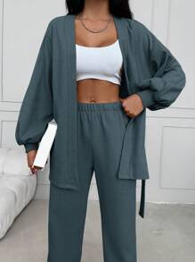 Cotton Top And Pants Set With Lantern Sleeve And Waist Belt Detail - Dusty Blue - View 3