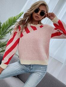 SHEIN Unity Vòng cổ Thả vai Sọc Áo len - Đỏ - Xem 3