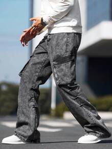 Manfinity Roghcode Men's Cargo Jeans Baggy Long Acid Wash Jean Plain Dark Grey Party Y2K Rapper - Grey - View 5