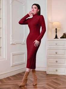 Mulvari 勃艮第红色立领纹理针织毛衣连衣裙 - 酒紅色 - 查看 5