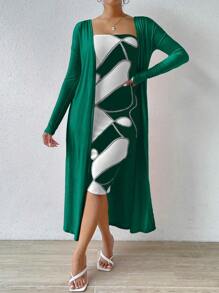 SHEIN ChicEase 素色抹胸緊身連衣裙&開門襟外套 - 墨綠色 - 查看 1