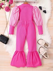 女小童千鳥格印花小高領泡泡袖T恤&喇叭褲 - 玫紅色 - 查看 2