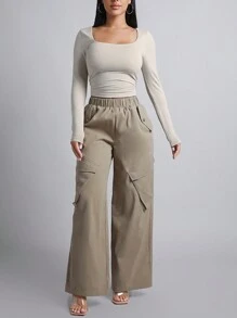 SHEIN PETITE 方领侧边褶皱露脐春季女式T恤 - 米色 - 查看 5