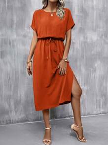 SHEIN Clasi Batwing Sleeve Knot Front Split Thigh Dress