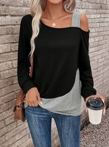 SHEIN LUNE 不对称拼色露肩灯笼袖运动衫 - 彩色 - 查看 1