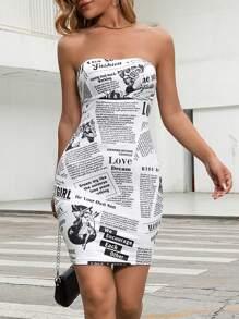 SHEIN Essnce Newspaper Print Tube Bodycon Dress - Black and White - View 2