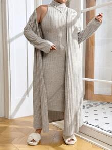 SHEIN Essnce Vestido De Punto Acanalado De Cuello Alto Para Mujer De Talla Grande Y Abrigo Abierto En La Parte Delantera - Albaricoque - Ver 5