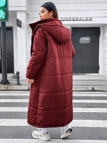 Flirla Plus Drawstring Waist Hooded Padded Padded Coat Clothes Winter - Burgundy - View 2
