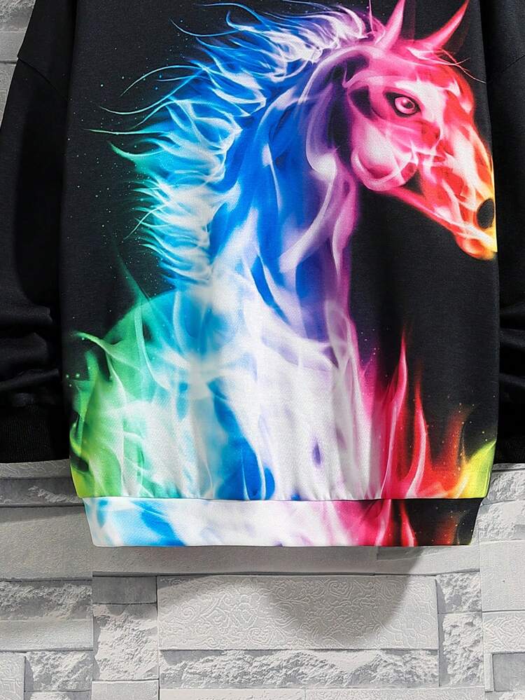 Tween Boy Horse Print Drop Shoulder Pullover
