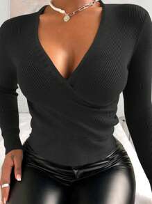 素色螺紋針織圍裹T恤 - 黑色 - 查看 1