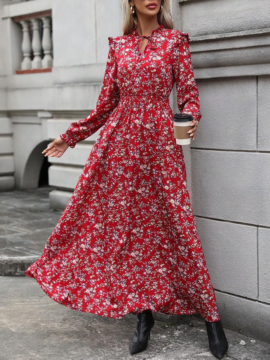 SHEIN LUNE 碎花繫帶領荷葉邊喇叭袖洋裝 - 紅色 - 查看 1